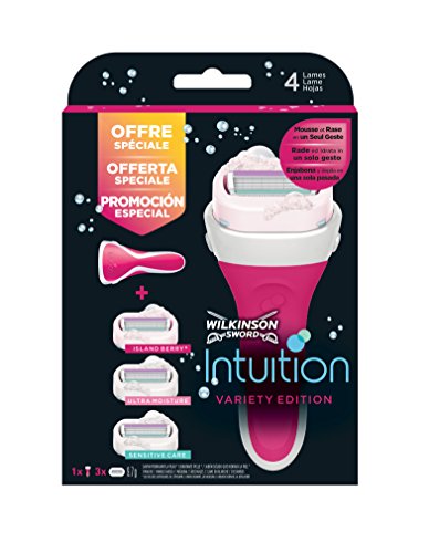 Wilkinson Sword Intuition PACK Variety Edition - Máquina de Afeitar Recargable Femenina de 4 Hojas con Jabón Hidratante + 3 Recambios de Cuchillas Autoadaptables , Kit Depilación de Mujer