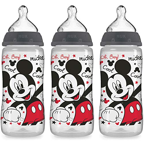 NUK - Disney Baby cuello ancho botellas silicona pezón medio flujo Mickey Mouse 0 meses + azul - 3Pack