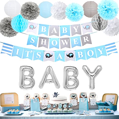 Decoraciones para Baby Shower Niño Elefante Azul It's a Boy Baby Shower Banner con Linterna de Papel Flor de Tejido Pom Poms Bolas de Nido de Abeja Globos de Papel de Aluminio Azul Y Gris