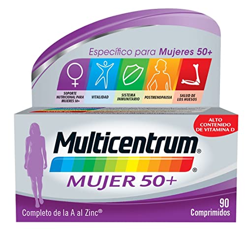 MULTICENTRUM Mujer 50+, Complemento Alimenticio Multivitamínico y Multimineral para Mujeres 50+, Postmenopausia, Sin Gluten, 90 Comprimidos