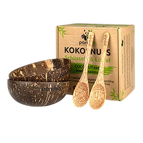 pandoo Juego de 2 Cuencos de Coco con Cucharas | Producto 100% natural | Alternativa sin plástico | hecho a mano con aceite de coco pulido