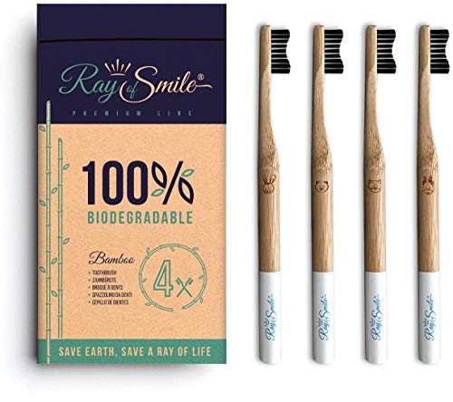 RAY OF SMILE 4 paquetes Cepillo Dental hecho de Madera de Bambú, cerdas suaves y fácil de distinguir, empacado sin plástico, cepillo de dientes con carbón de bambú para dientes sanos y blancos