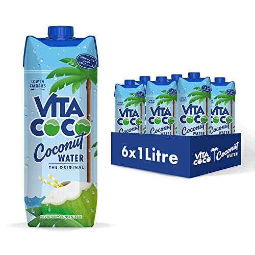 Vita Coco Agua de Coco Pura, Pack de 6 x 1L, Hidratante Natural con Electrolitos, Vitamina C, Potasio y Sin Gluten, 6x1000ml