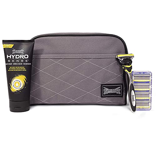 Wilkinson Sword Hydro 5 Sense Washbag Set - Maquinilla de Afeitar de 5 Hojas para Pieles Sensibles + 4 Recambios de Cuchillas + Crema de afeitar Hidratante y Anti-Irritación 75 ml + Neceser