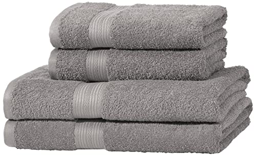 Amazon Basics - Juego de 2 toallas de baño y 2 de mano, resistente a la decoloración, 100 % algodón, color gris